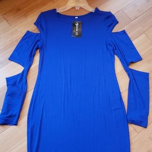 Royal blue, cold arm, cut-out long sleeve dress.